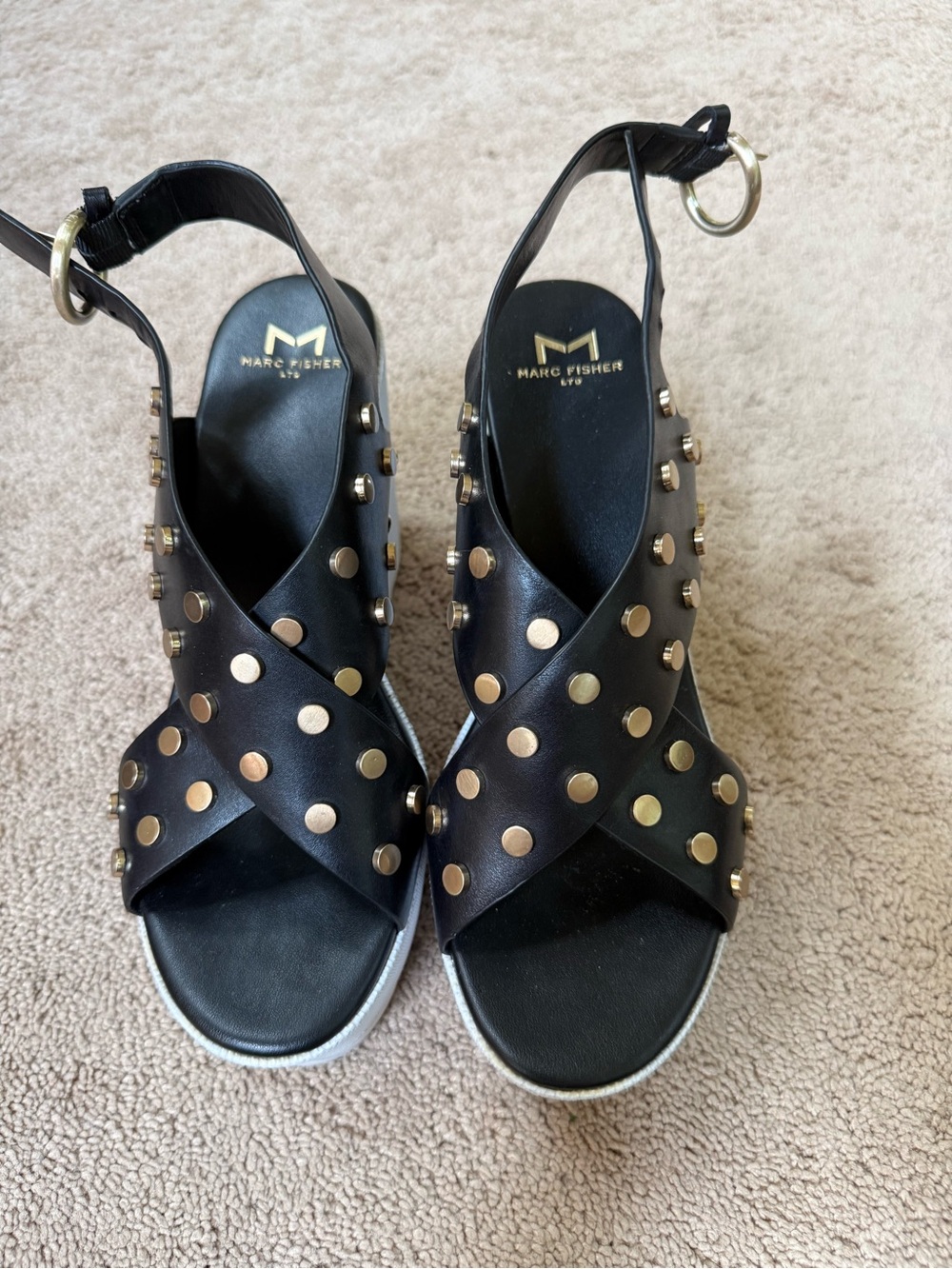 Marc Fisher Black Leather Studded Crisscross Ankle Sandals